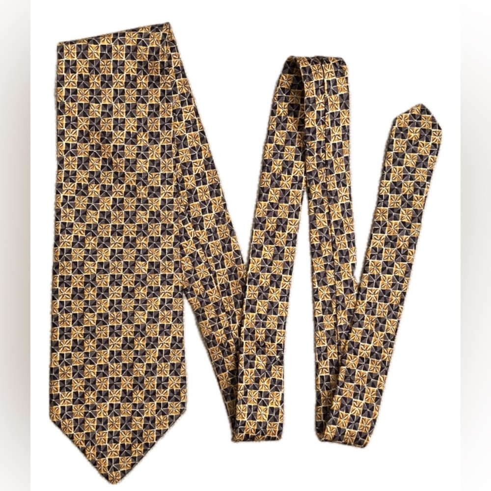Vintage Geoffrey Beene silk tie, checkerboard pattern, gold, gray, black